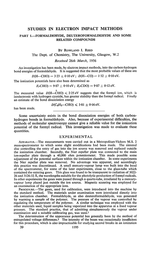 Studies in electron impact methods. Part 1.—Formaldehyde, deuteroformaldehyde and some related compounds