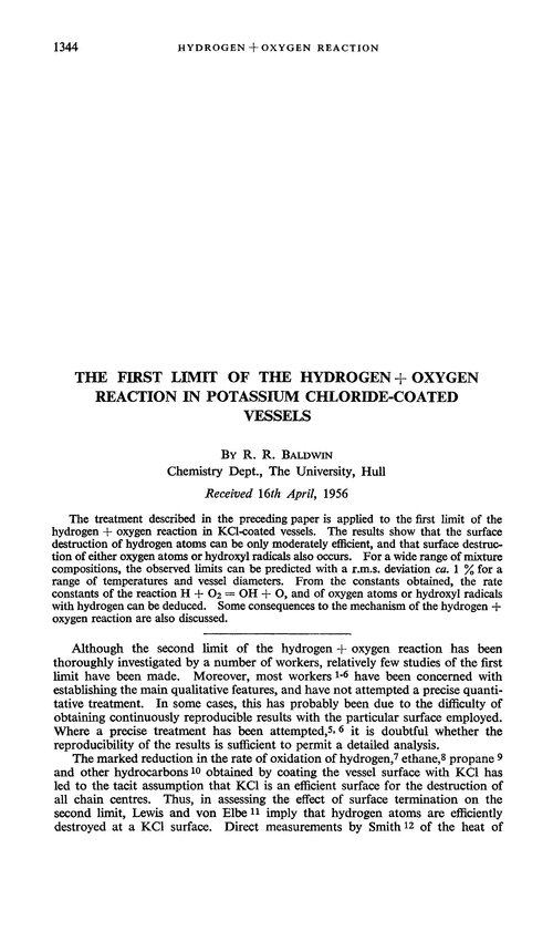 The first limit of the hydrogen + oxygen reaction in potassium chloride-coated vessels