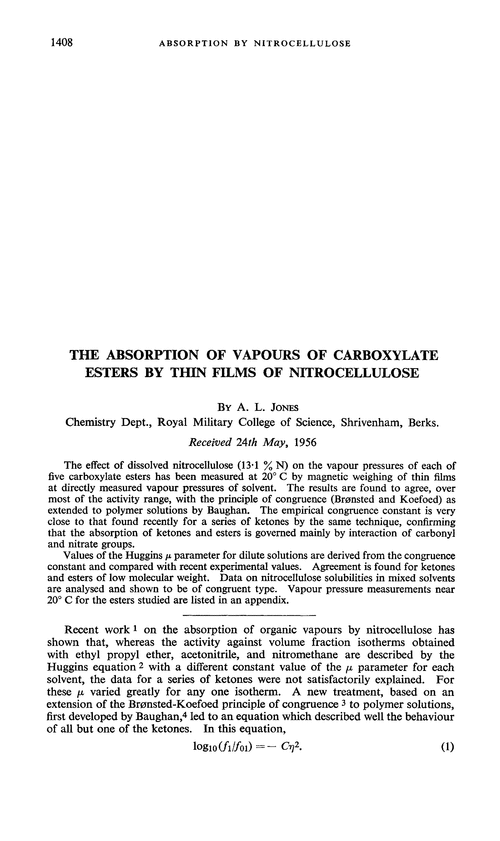 The absorption of vapours of carboxylate esters by thin films of nitrocellulose