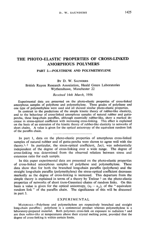 The photo-elastic properties of cross-linked amorphous polymers. Part 2.—Polythene and polymethylene