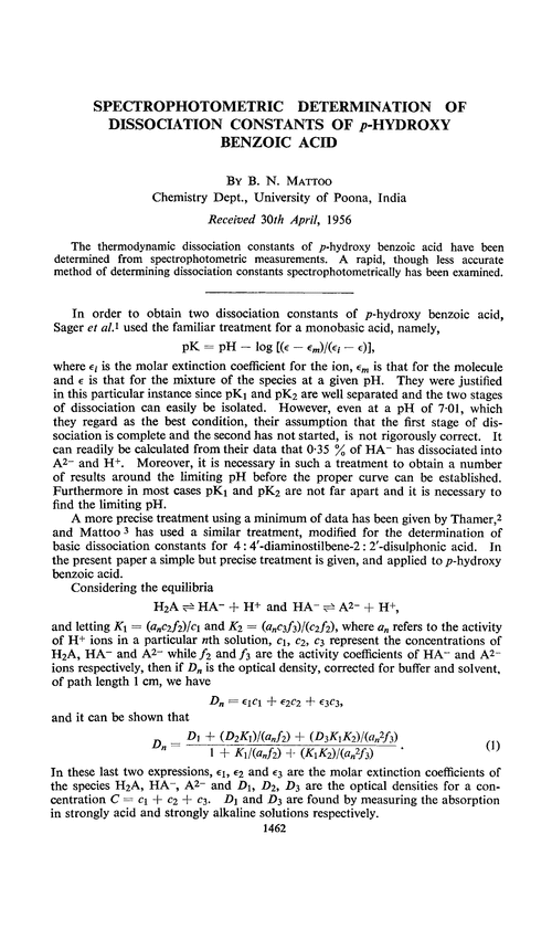 Spectrophotometric determination of dissociation constants of p-hydroxy benzoic acid