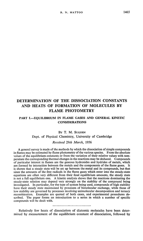 Determination of the dissociation constants and heats of formation of molecules by flame photometry. Part I.—equilibrium in flame gases and general kinetic considerations