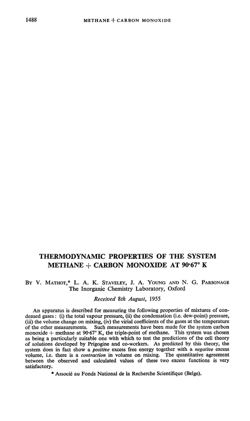 Thermodynamic properties of the system methane + carbon monoxide at 90·67° K