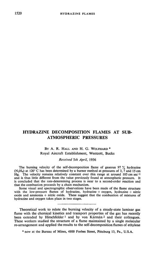 Hydrazine decomposition flames at sub-atmospheric pressures