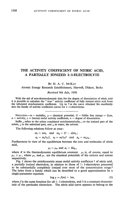The activity coefficient of nitric acid, a partially ionized 1:1-electrolyte