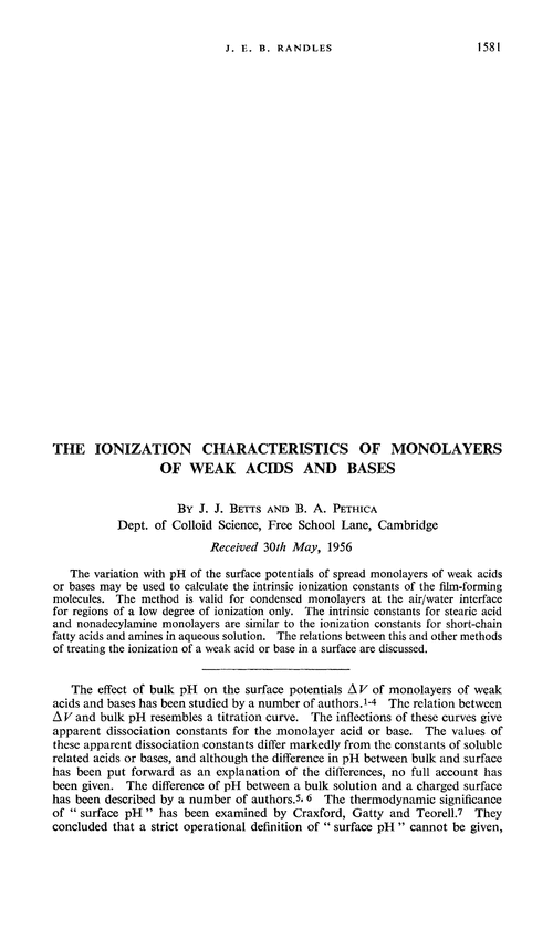 The ionization characteristics of monolayers of weak acids and bases