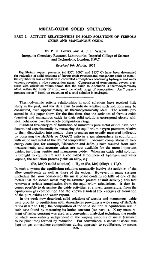 Metal-oxide solid solutions. Part 2.—Activity relationships in solid solutions of ferrous oxide and manganous oxide