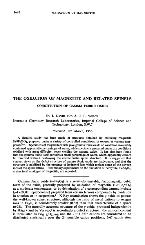 The oxidation of magnetite and related spinels. Constitution of gamma ferric oxide