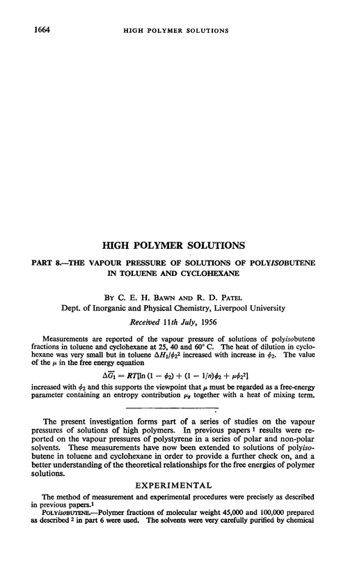 High polymer solutions. Part 8.—The vapour pressure of solutions of polyisobutene in toluene and cyclohexane