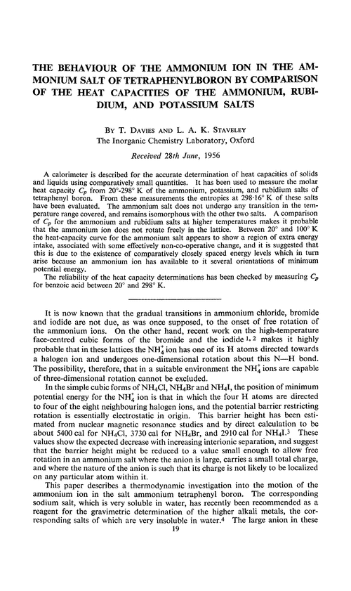 The behaviour of the ammonium ion in the ammonium salt of tetraphenylboron by comparison of the heat capacities of the ammonium, rubidium, and potassium salts