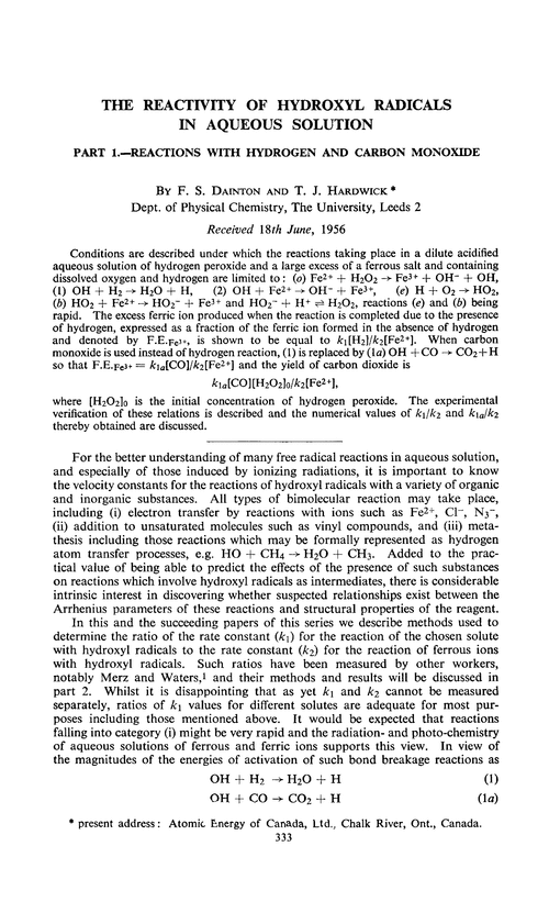 The reactivity of hydroxyl radicals in aqueous solution. Part 1.—Reactions with hydrogen and carbon monoxide