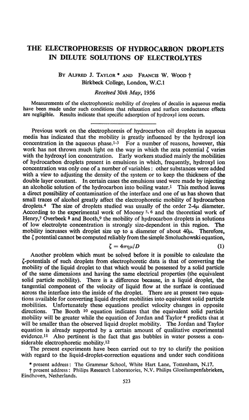 The electrophoresis of hydrocarbon droplets in dilute solutions of electrolytes