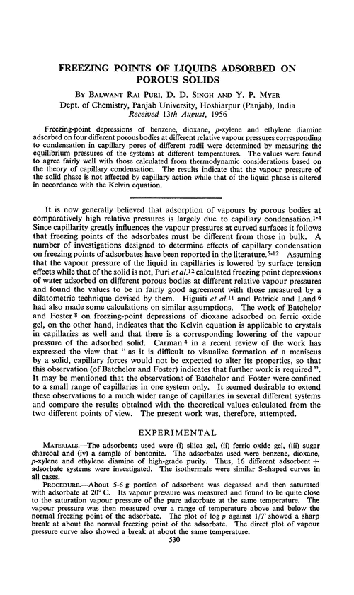 Freezing points of liquids adsorbed on porous solids