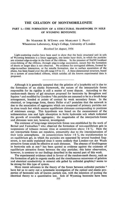The gelation of montmorillonite. Part 1.—The formation of a structural framework in sols of Wyoming bentonite