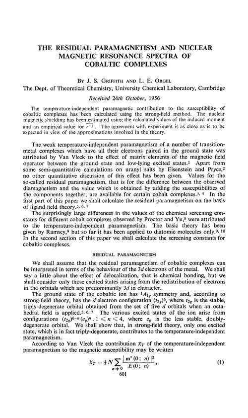 The residual paramagnetism and nuclear magnetic resonance spectra of cobaltic complexes