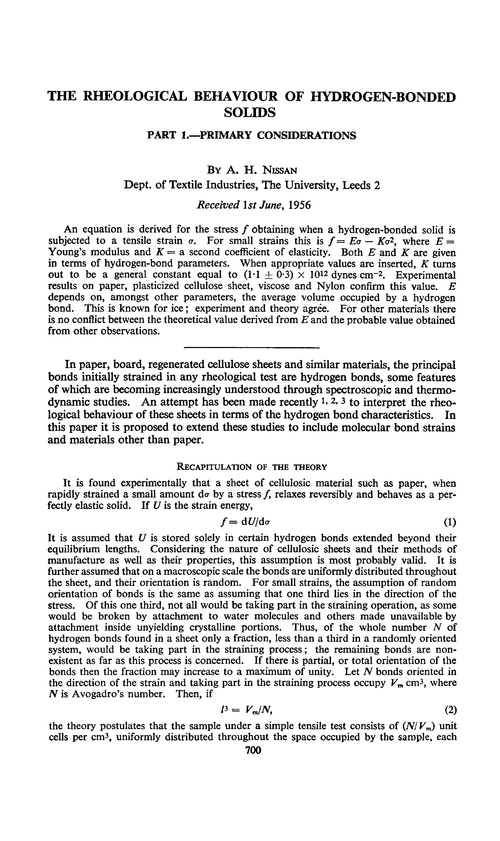 The rheological behaviour of hydrogen-bonded solids. Part 1.—Primary considerations