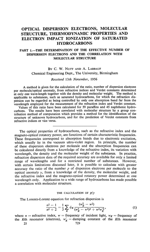 Optical dispersion electrons, molecular structure, thermodynamic properties and electron impact ionization of saturated hydrocarbons. Part 1.—The determination of the effective number of dispersion electrons and the correlation with molecular structure
