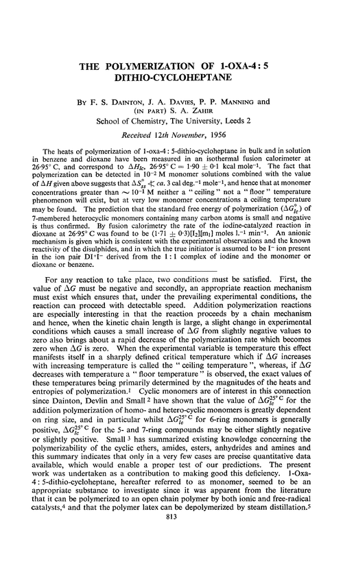 The polymerization of 1-oxa-4:5 dithio-cycloheptane