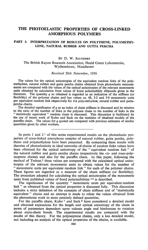 The photoelastic properties of cross-linked amorphous polymers. Part 3. Interpretation of results on polythene, polymethylene, natural rubber and gutta percha