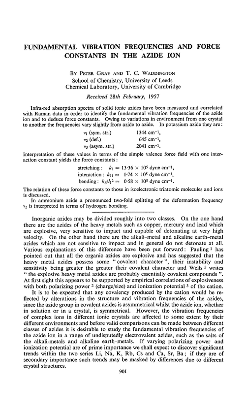 Fundamental vibration frequencies and force constants in the azide ion