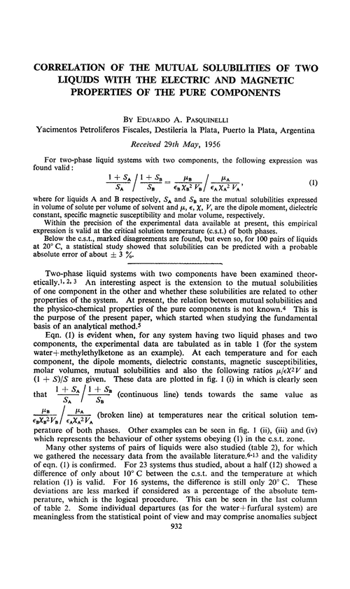 Correlation of the mutual solubilities of two liquids with the electric and magnetic properties of the pure components