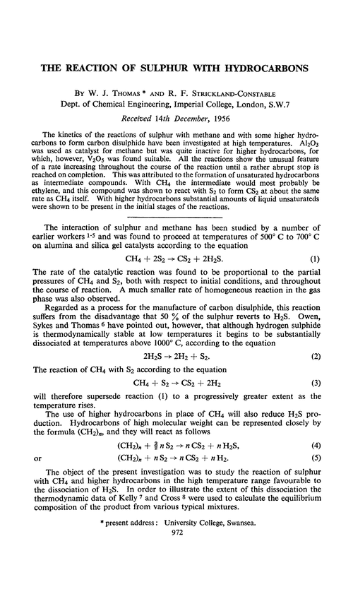 The reaction of sulphur with hydrocarbons