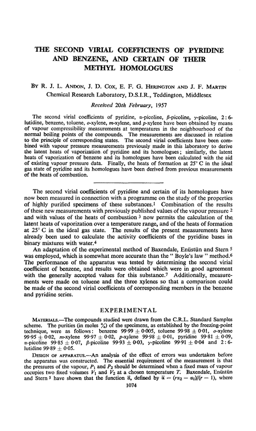 The second virial coefficients of pyridine and benzene, and certain of their methyl homologues