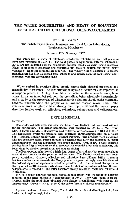 The water solubilities and heats of solution of short chain cellulosic oligosaccharides