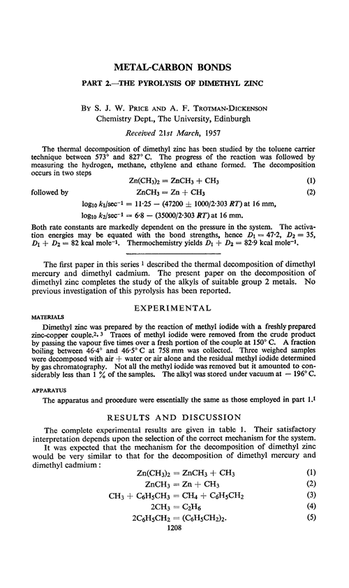 Metal-carbon bonds. Part 2.—The pyrolysis of dimethyl zinc