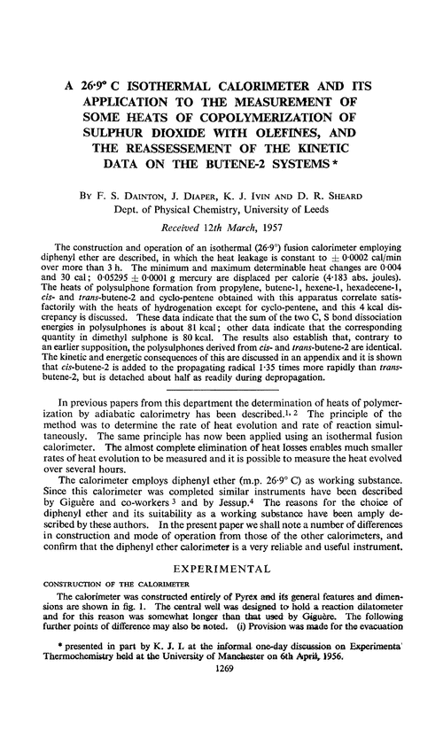 A 26·9° C isothermal calorimeter and its application to the measurement of some heats of copolymerization of sulphur dioxide with olefines, and the reassessement of the kinetic data on the butene-2 systems