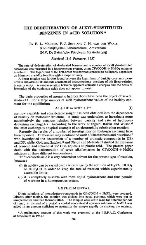 The Dedeuteration Of Alkyl Substituted Benzenes In Acid Solution Transactions Of The Faraday Society Rsc Publishing