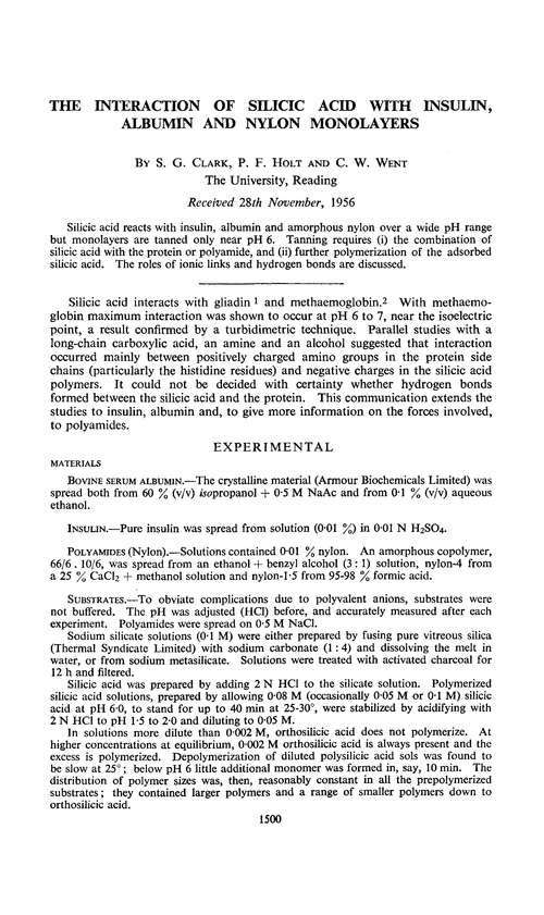 The interaction of silicic acid with insulin, albumin and nylon monolayers