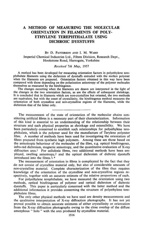 A method of measuring the molecular orientation in filaments of polyethylene terephthalate using dichroic dyestuffs