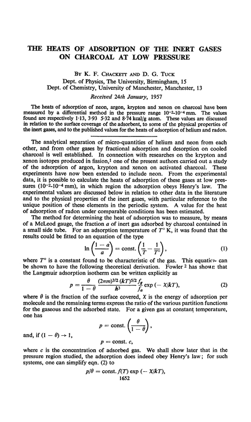 The heats of adsorption of the inert gases on charcoal at low pressure