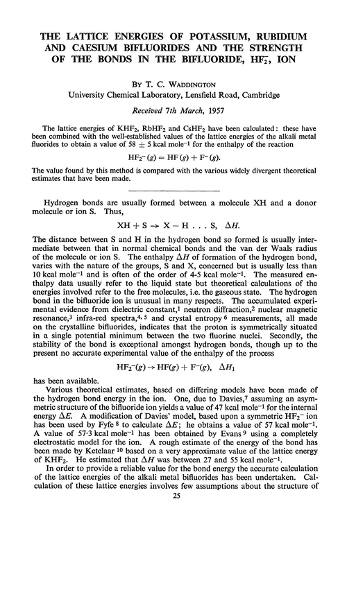 The lattice energies of potassium, rubidium and caesium bifluorides and the strength of the bonds in the bifluoride, HF, ion