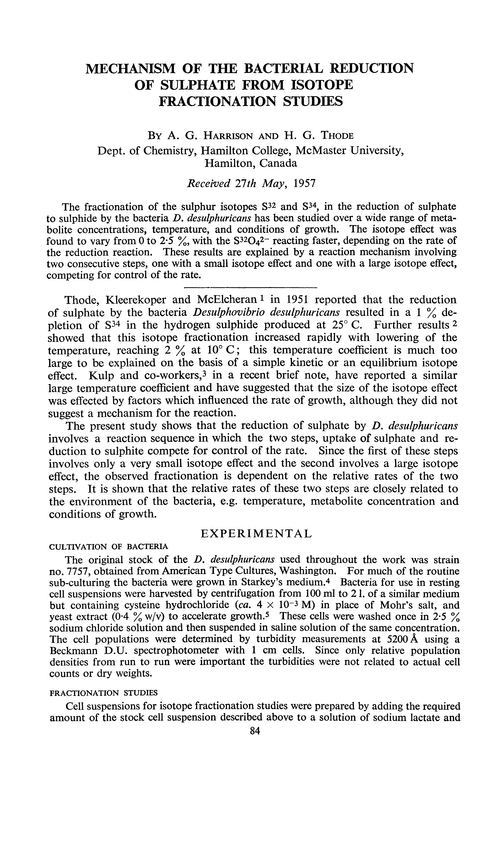 Mechanism of the bacterial reduction of sulphate from isotope fractionation studies