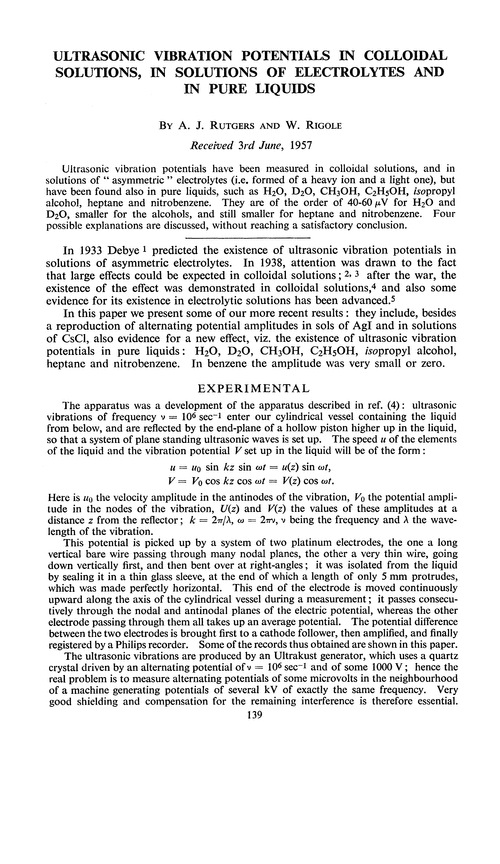 Ultrasonic vibration potentials in colloidal solutions, in solutions of electrolytes and in pure liquids