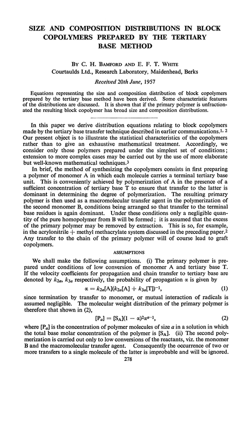 Size and composition distributions in block copolymers prepared by the tertiary base method