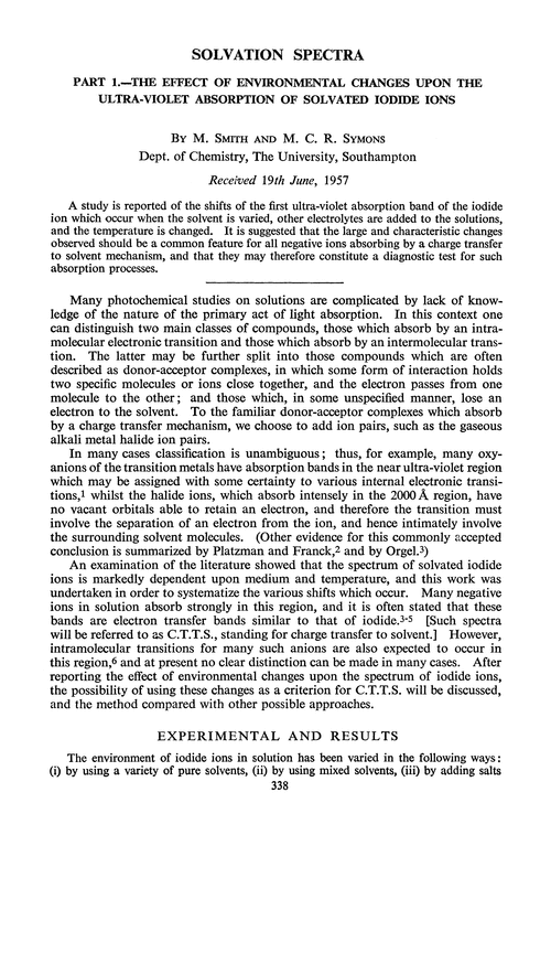 Solvation spectra. Part 1.—The effect of environmental changes upon the ultra-violet absorption of solvated iodide ions