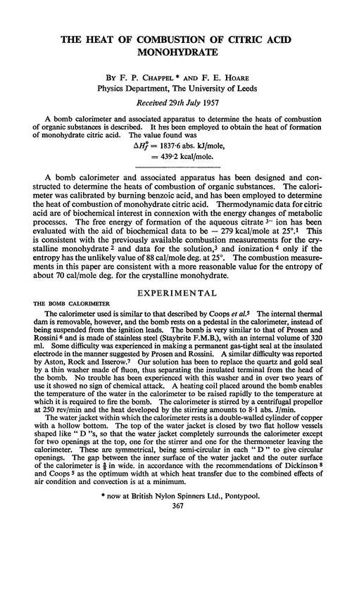 The heat of combustion of citric acid monohydrate