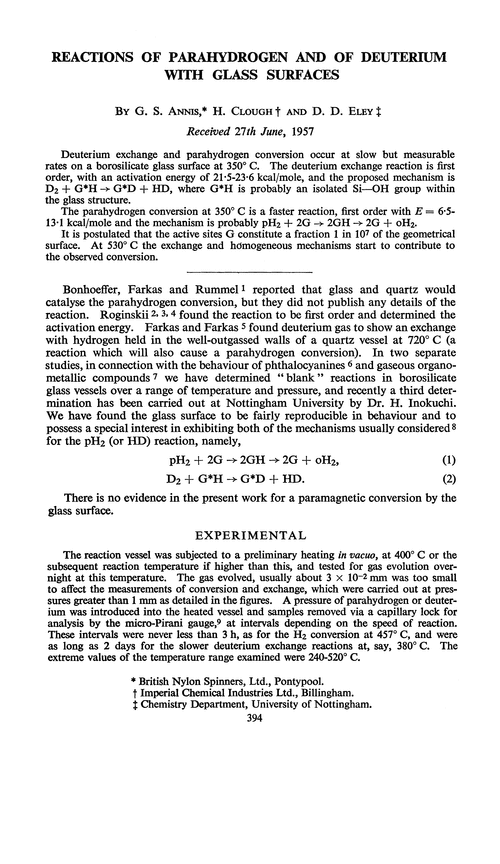 Reactions of parahydrogen and of deuterium with glass surfaces