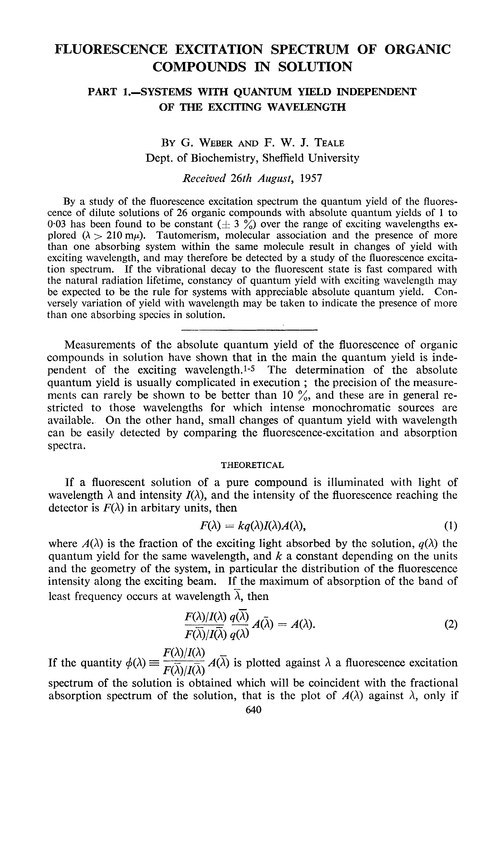 Fluorescence excitation spectrum of organic compounds in solution. Part 1.—Systems with quantum yield independent of the exciting wavelength