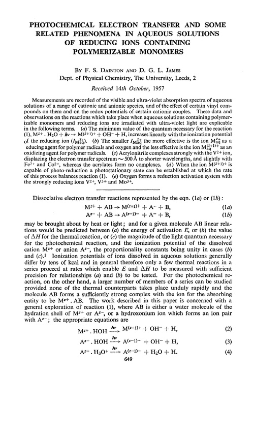 Photochemical electron transfer and some related phenomena in aqueous solutions of reducing ions containing polymerizable monomers