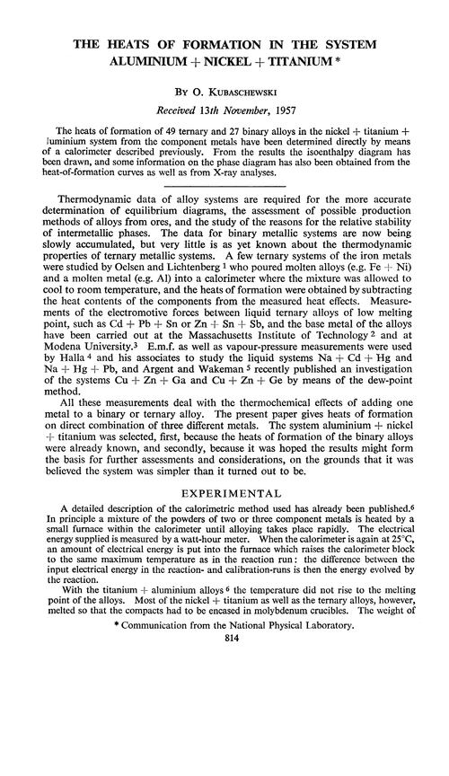 The heats of formation in the system aluminium + nickel + titanium
