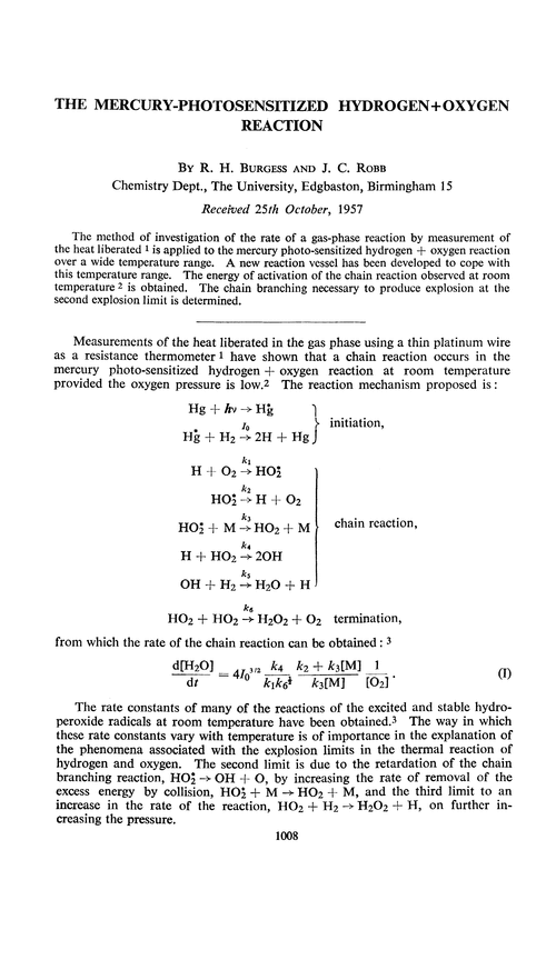 The mercury-photosensitized hydrogen+oxygen reaction