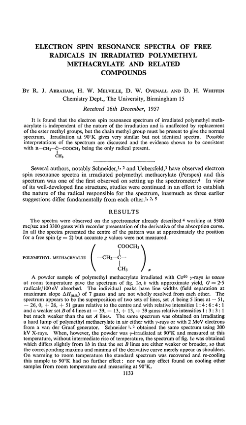 Electron spin resonance spectra of free radicals in irradiated polymethyl methacrylate and related compounds