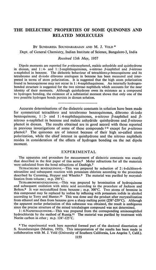 The dielectric properties of some quinones and related molecules