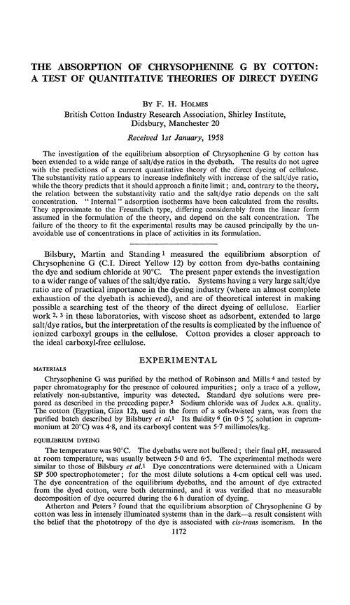 The absorption of Chrysophenine G by cotton: a test of quantitative theories of direct dyeing