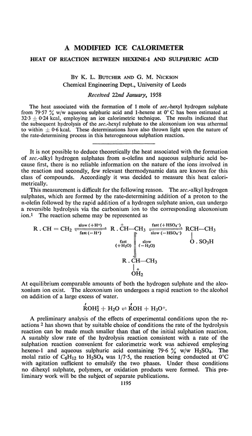 A modified ice calorimeter. Heat of reaction between hexene-1 and sulphuric acid