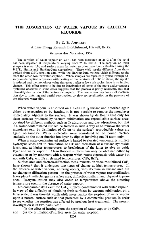 The adsorption of water vapour by calcium fluoride